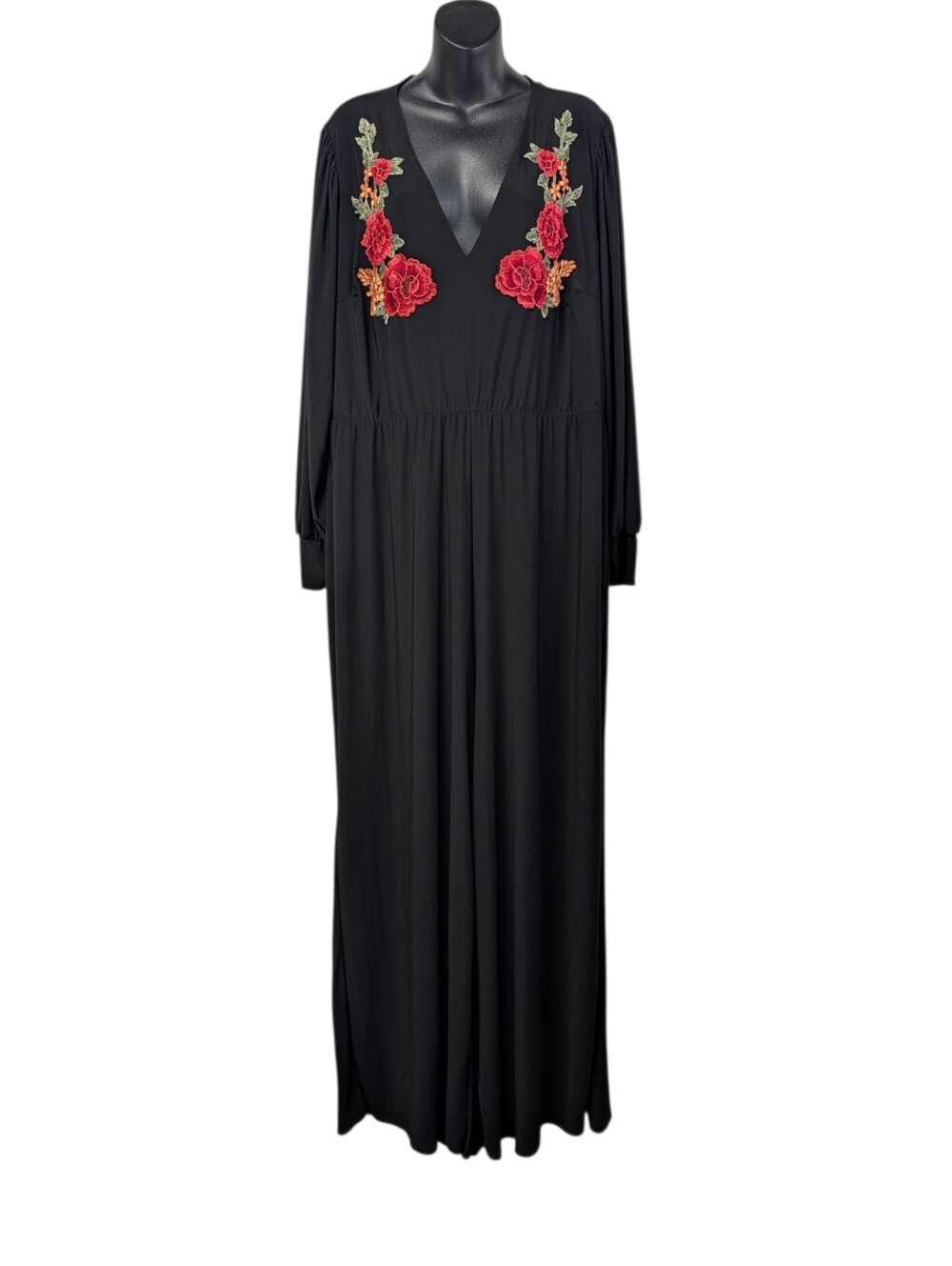 Simply Be Women's Black V-Neck Long Sleeve Wide-Leg Red Floral Jumpsuit 24 NWT